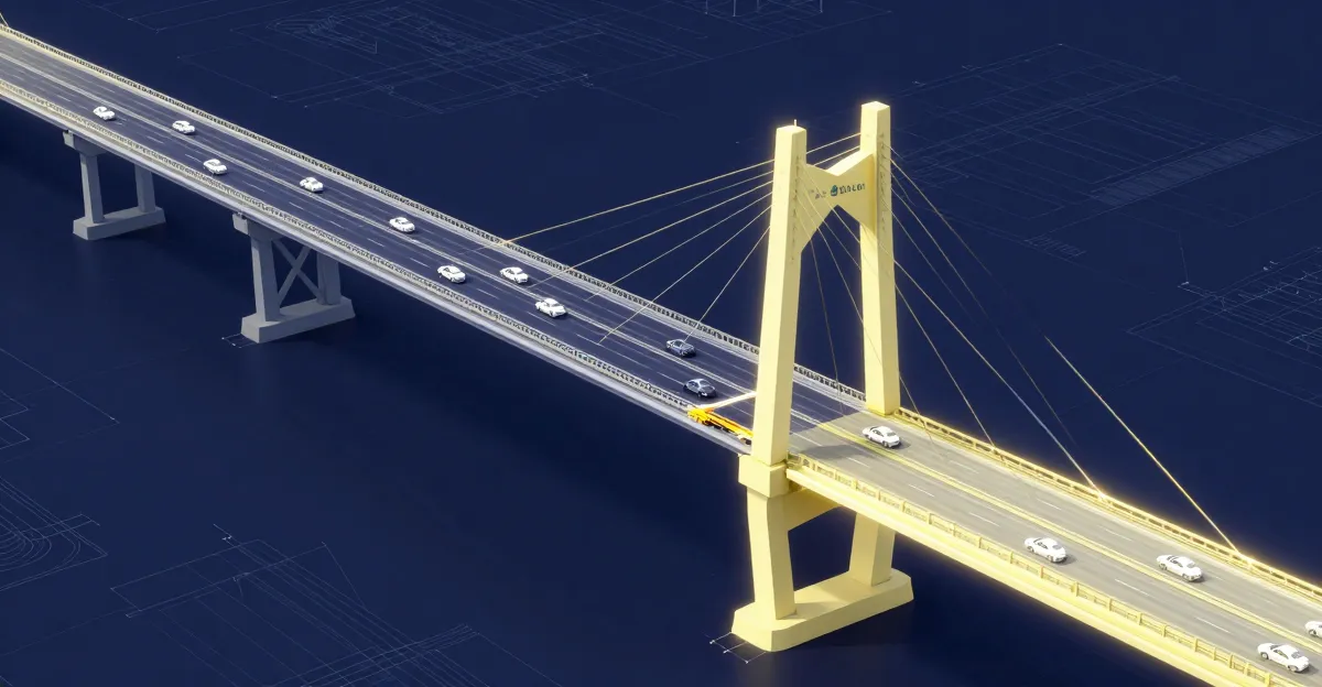 A visual metaphor for the Expand and Contract pattern: a new bridge lane being constructed parallel to an existing one, allowing traffic to flow continuously on both during the migration.