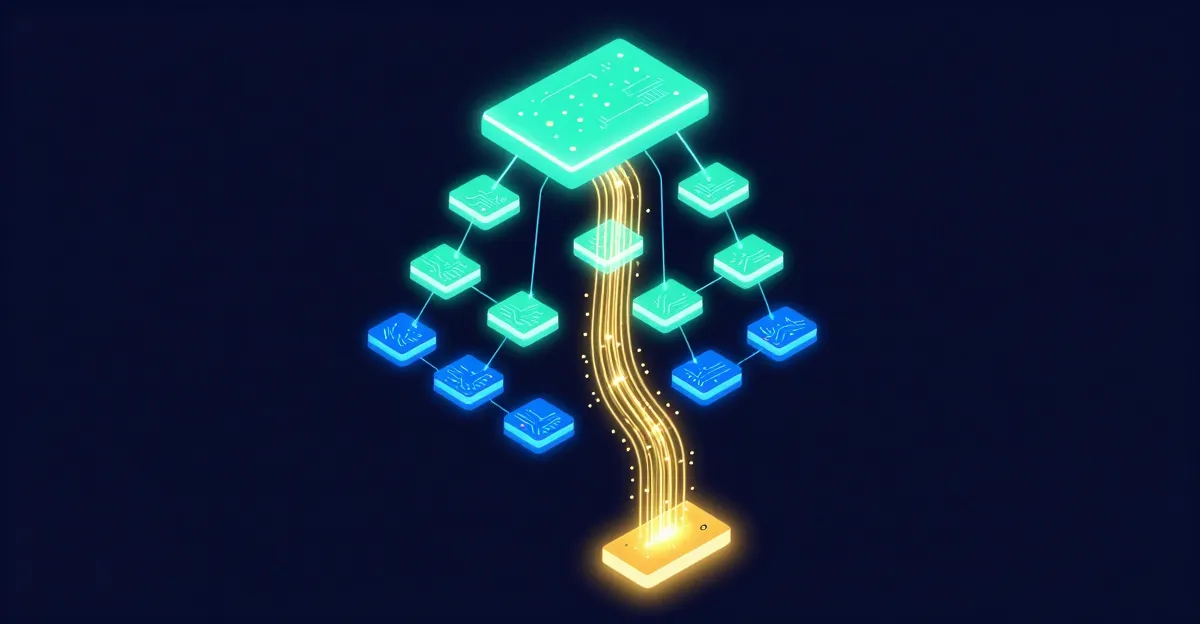 Abstract visualization of a distributed trace showing connected spans across services
