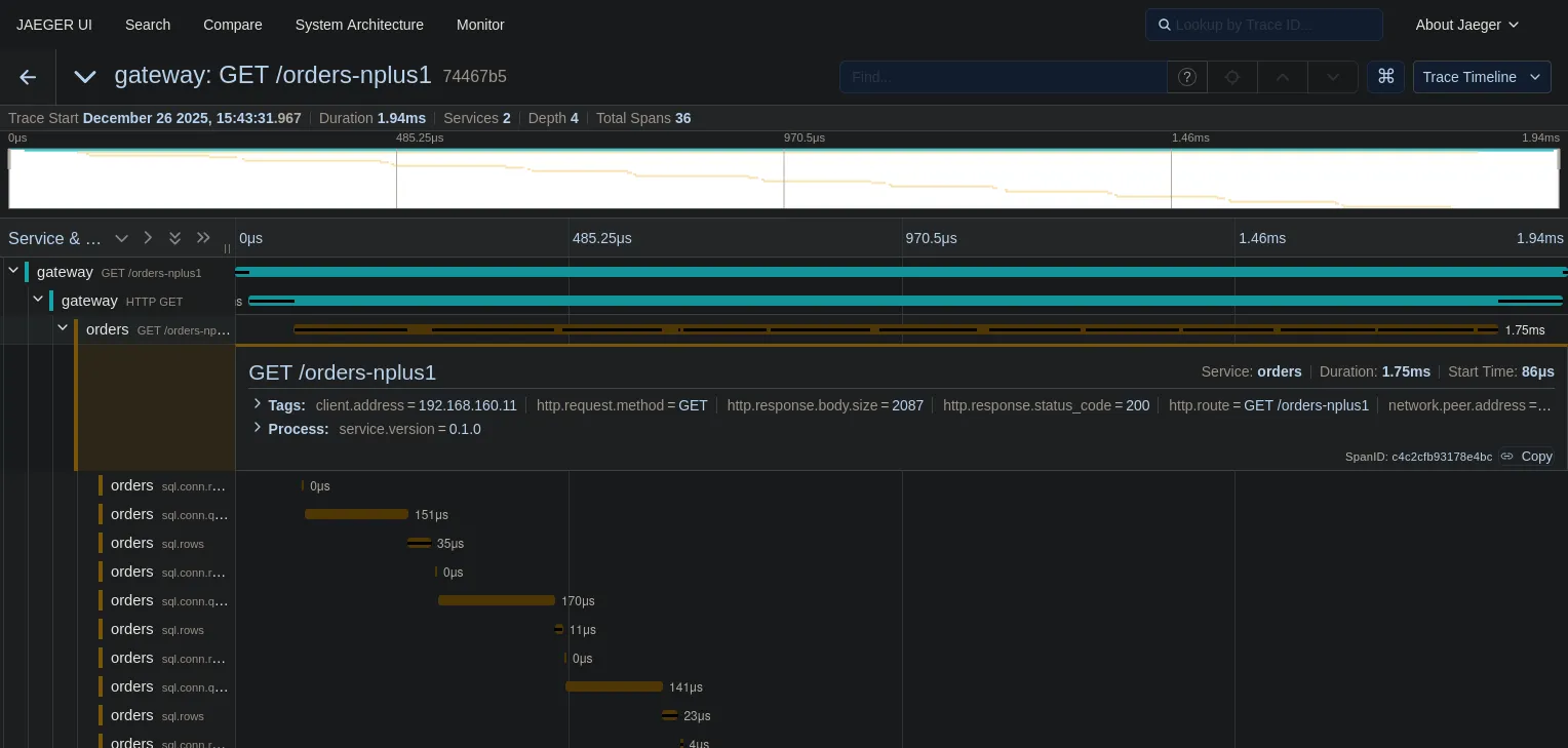 Trace showing N+1 query pattern